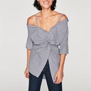 Zara Knotted Off Shoulder Striped Shirt